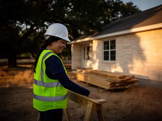 A builder in a hard hat and safety vest on a home construction site.