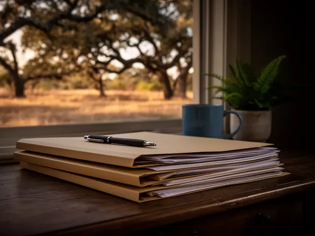 A neat stack of closed manila folders and a pen on a desk by a window.