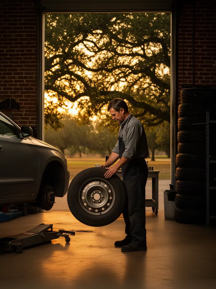 An auto-repair shop owner mounting a tire onto the wheel hub of a car on a low lift in golden afternoon light.