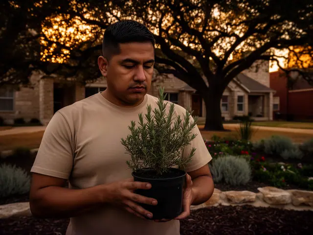 A landscaper holding a potted plant in a new front-yard bed.