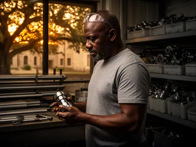 A machinist holding a machined steel part at a workbench.