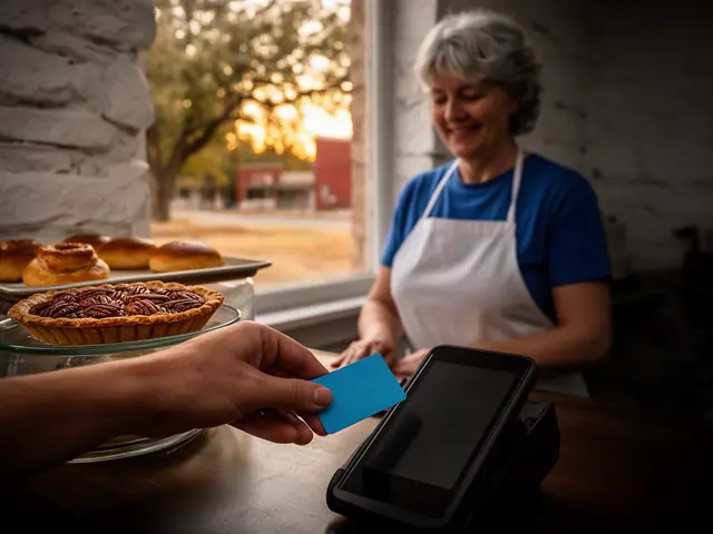 A customer taps a card on a counter terminal at a small pecan-pie bakery.