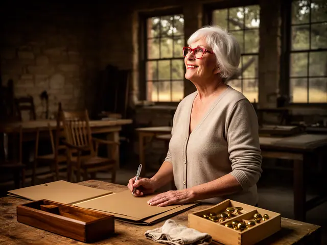 A woman with short white hair and red-framed glasses at a work table with a closed folder in a small furniture-restoration shop.